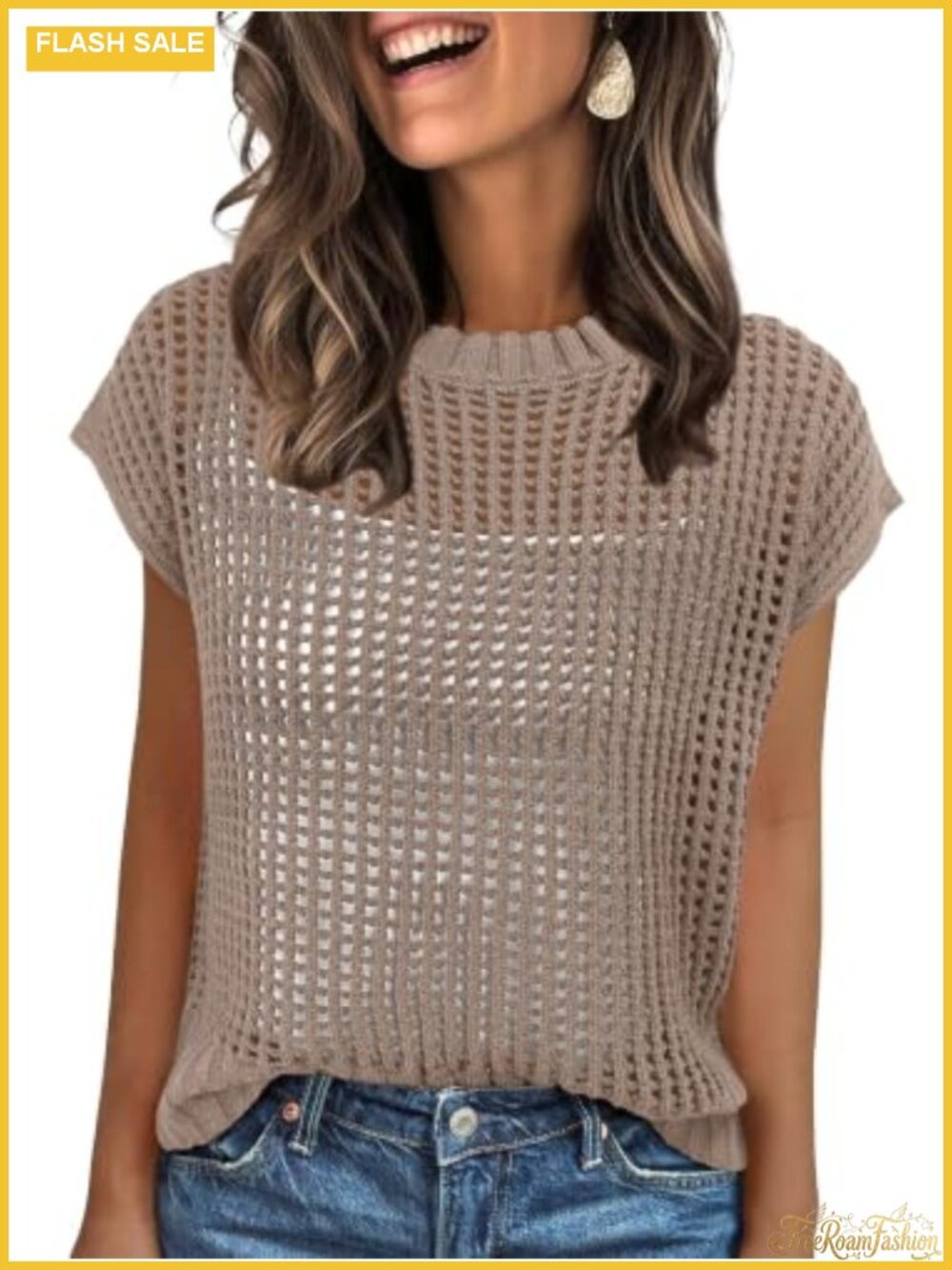 Short Sleeve Crochet Knit Sweater Vest Loose Fit Summer Cover-Up